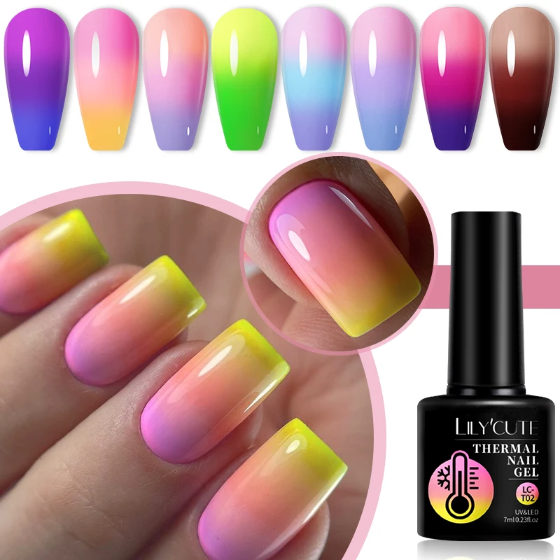 LILYCUTE-esmalte de Gel térmico para uñas, barniz de Gel semipermanente, Color amarillo y rosa, 3 capas, brillo de primavera, cambio de Color de temperatura