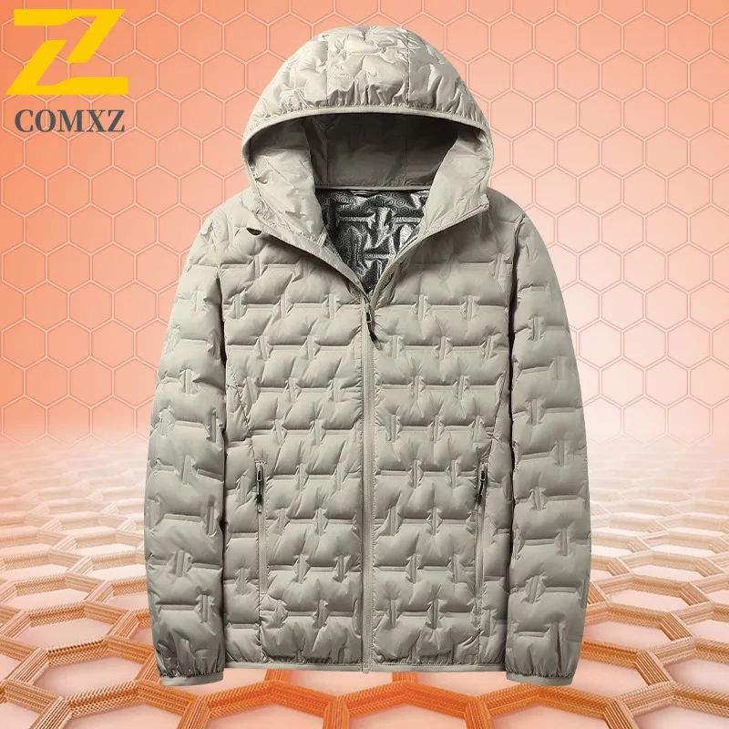 COMXZ 2025 Mens Graphene Lightweight Down Jacket 80 Grey Duck Down Hooded Coat waterproof and windproof lightweight windbreaker