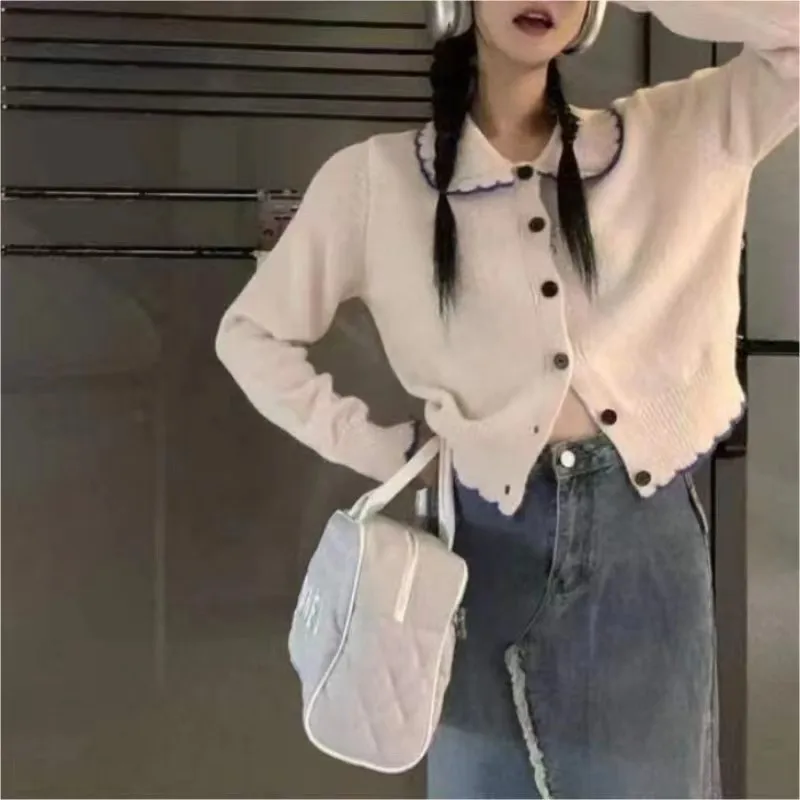 

Sweet and Age Reducing Versatile Design for Autumn and Winter, Wave Edge Lapel, Loose Long Sleeved Sweater, Cardigan Jacket