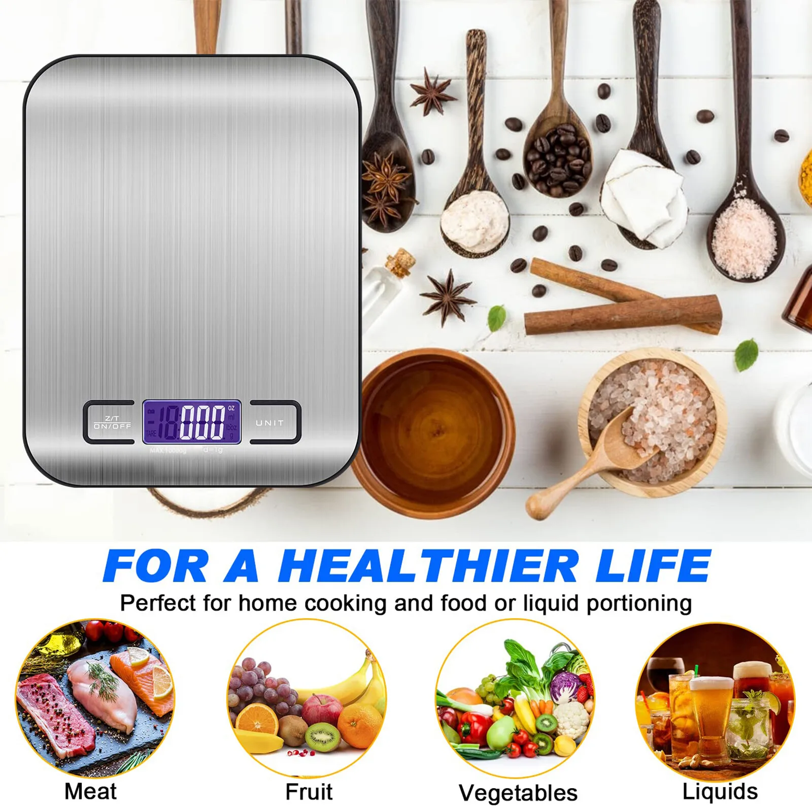 Digital Kitchen Scale 22lb Food Scale Grams Ounces Stainless Steel Tare Function LCD Display For Baking Cooking Weight Loss Meal Prep