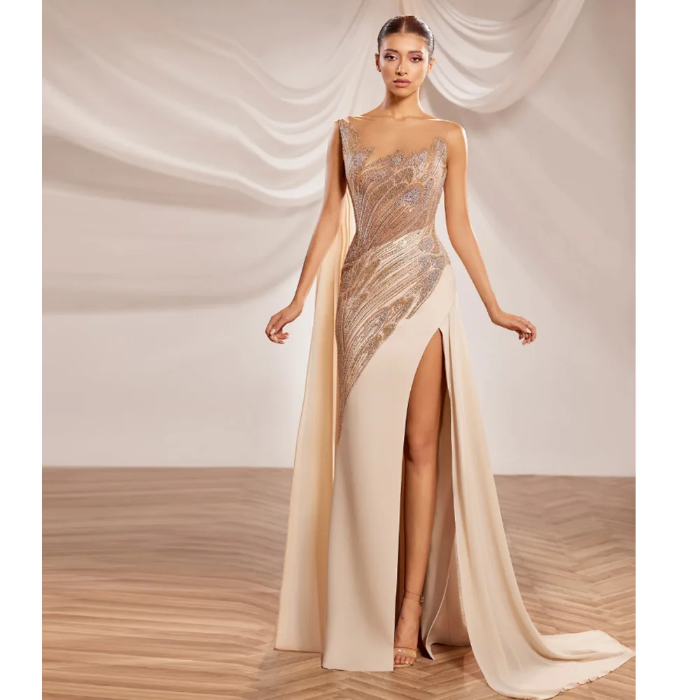 Elegant Long Formal Evening Dress Luxury Beaded Pleated Women Wedding Party Guest Wear Arabic Customized