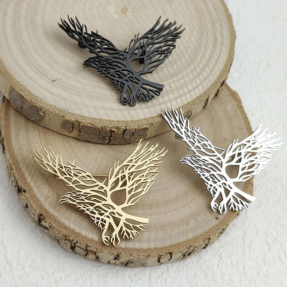 

Original innovative branch eagle hollow stainless steel gold-plated 18K brooch, suit lapel pin, waterproof formal fittings