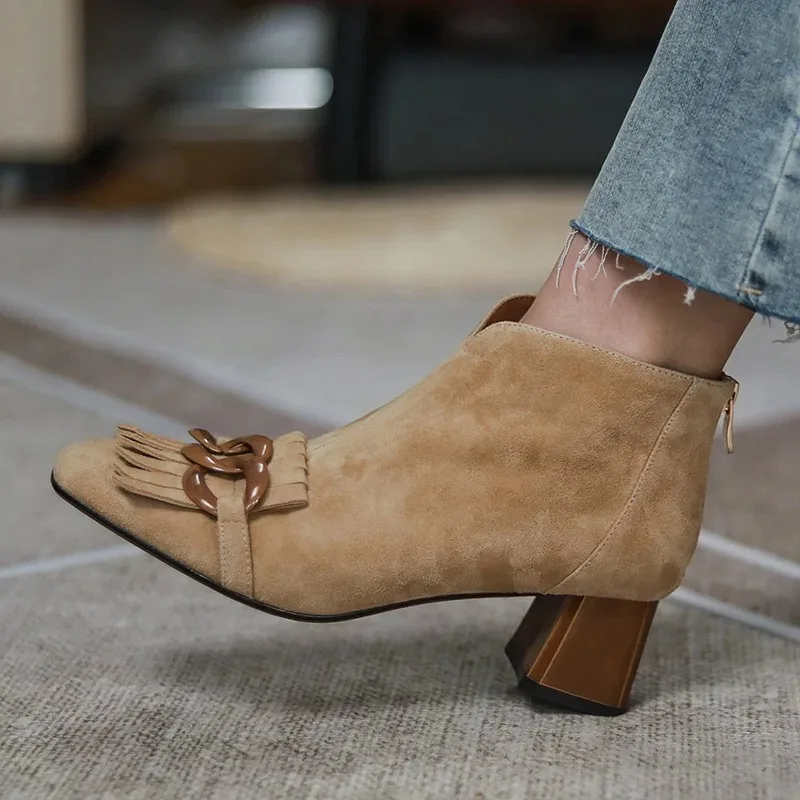 2026 Autumn Ladies Sheep Suede Fringe Ankle Boots Zip Chunky High Heel Square Toe Chain Tassel Boots Fashion Women Modern Boots