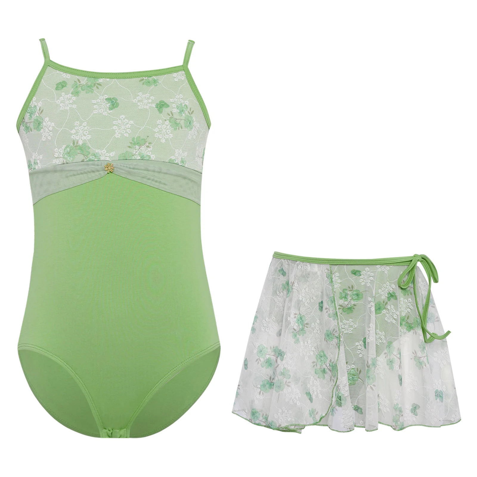 

Kids Girls Gymnastics Ballet Dance Costume 2Pcs Sleeveless Adjustable Spaghetti Straps Floral Printed Leotard + Lace-up Skirt