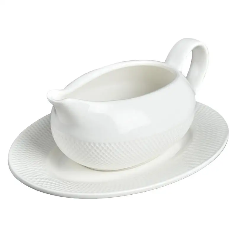 

8.8Oz White Ceramic Gravy Boat Beefsteak Sauce Boat Container Plate with Tray Dressing Dispenser Sauce & Salad for Dining