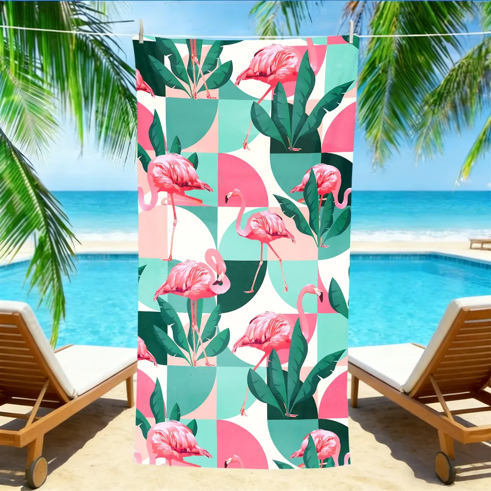 Retro Tropical Flamingo Beach Towel – Oversized Quick Dry Sand Free with Palm Leaf Print