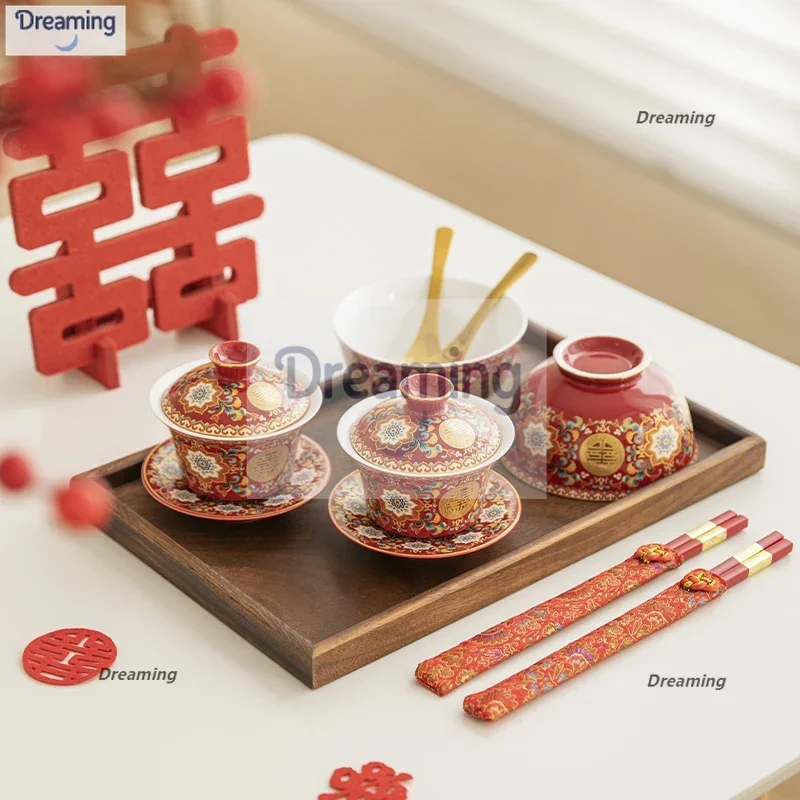 

Чайная чашка эмалированного цвета, свадебная чаша и палочки для еды, китайский чайный сервиз, чаша с красной крышкой, чайная чашка для свадьбы, меняющая рот