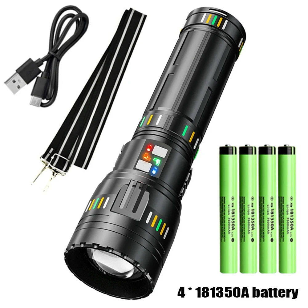 Super Bright Spotlight Long Range Flashlight Tactical Zoomable Emergency Torch USB C Charging 72H Endurance with Power Indicator