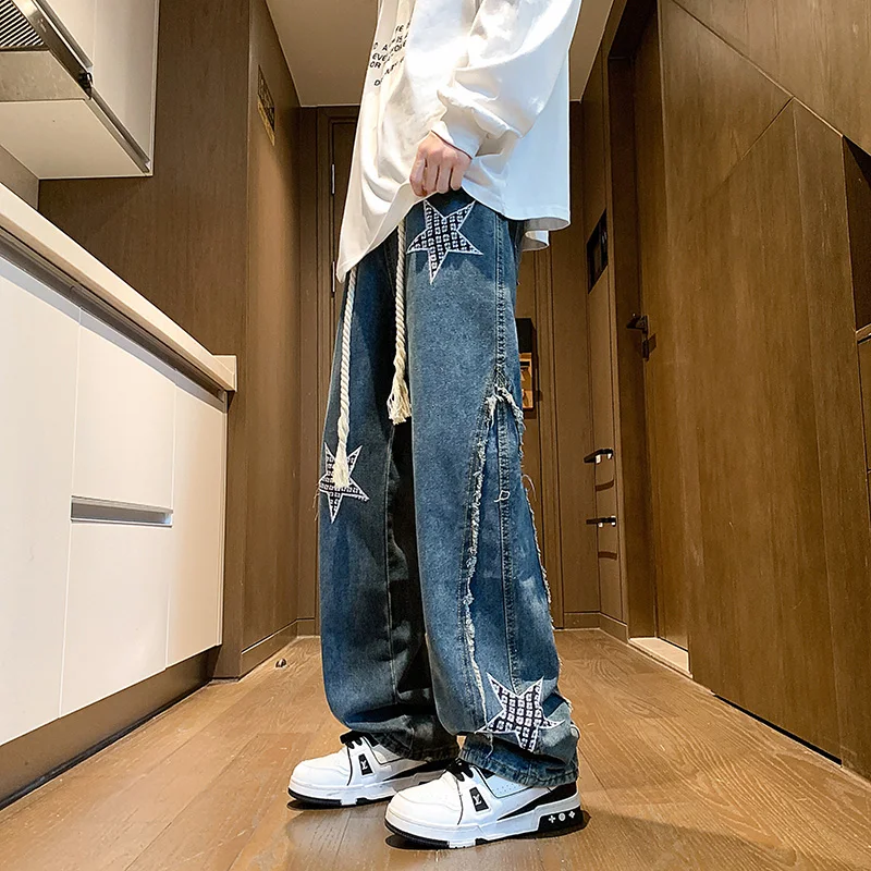 Jeans men 2026 Spring New Patchwork Straight-leg jeans Personalized five-pointed star design Stretch waistband street jeans