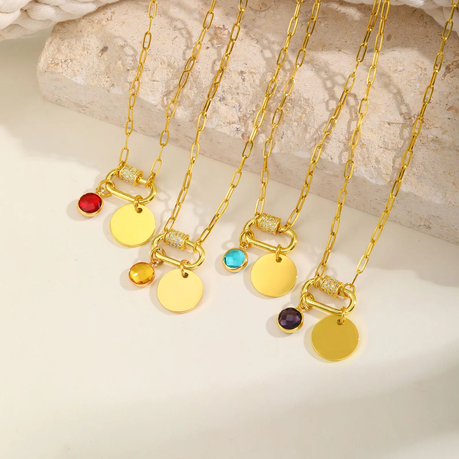 

Vnox Stainless Steel Women Necklace Free Engraving Round Brand Twelve Birthstones Pendent Necklace Birthday Mother's Day Gift