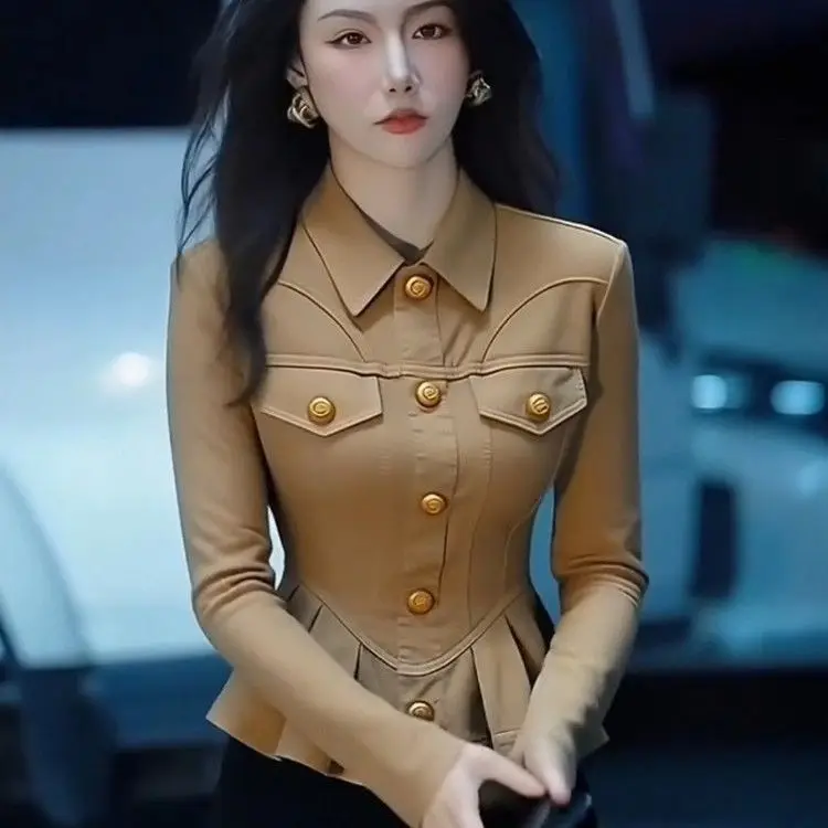 

Retro Hong Kong Sle Denim Fabric irt Jaet Women's Autumn Winter New Super Beautiful Waist-Cinching ort plus Size Top