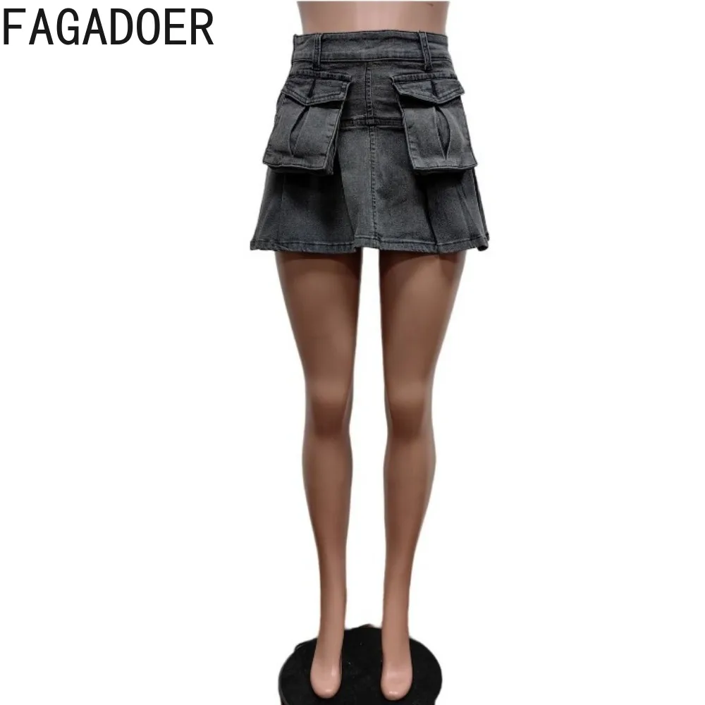 FAGADOER Fashion Y2K Streetwear Women High Waist Pocket A-line Mini Denim Skirts Summer New Female Cute Elasticity Skirt Bottoms