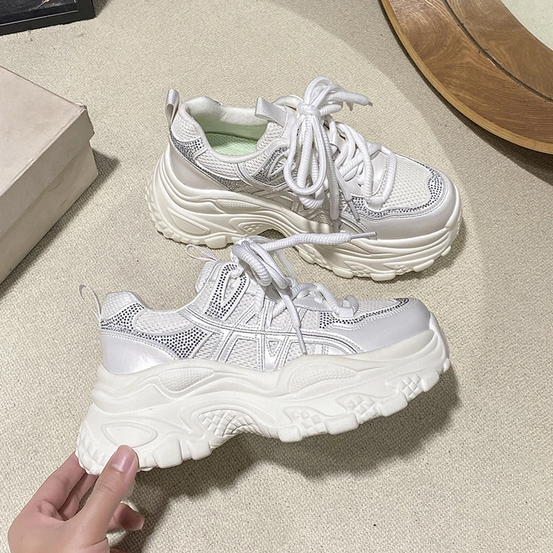 

Y2K Rhinestone Chunky Sneakers Women Gray Purple Retro Platform Dad Shoes Breathable Mesh Thick Sole Streetwear Trainers