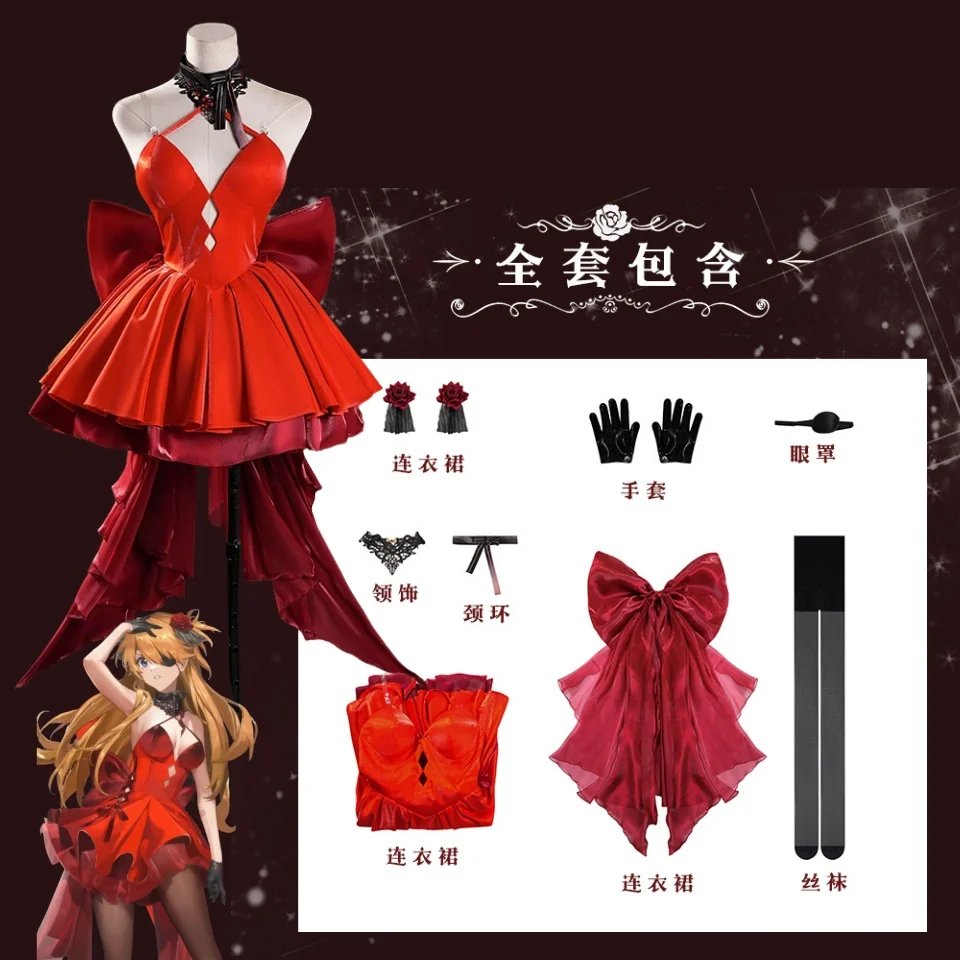 Goddess of Victory: NIKKE X Asuka Red Unifrom Cosplay Costume Formal Gown with Big Bow Lace Choker and Wig for Halloween Party view 5