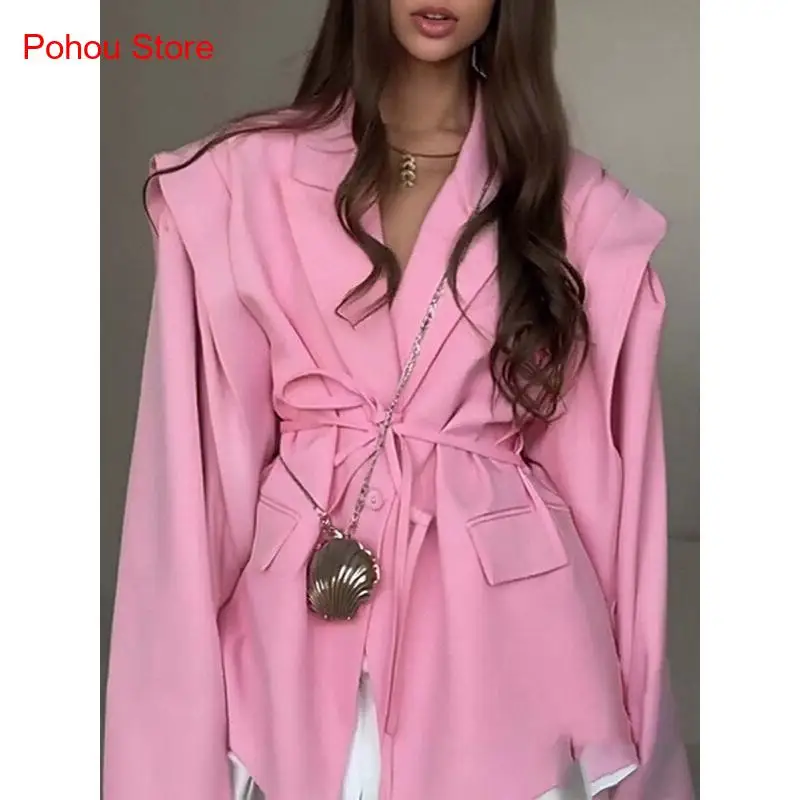 Autumn and Winter New Cross-Border European and American Fashionable Waist Tie Loose and Versatile V-Neck Jacket for Women