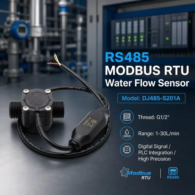 RS485 MODBUS RTU Plastic Water Flow Sensor G1/2'' Male Port 1-30L/min DC24V for Solar Heater System PLC Control DJ485-S201A