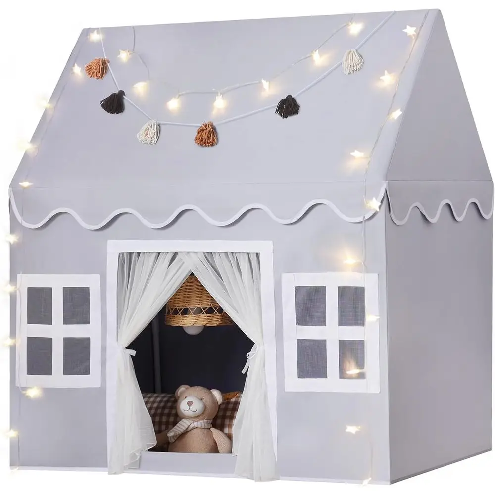 Kids Play Tent Indoor: Mat, Tassel Garland, Star Lights - Gray Girl Tent Playhouse for Toddlers Kids Toys for Boy Girl Birthday