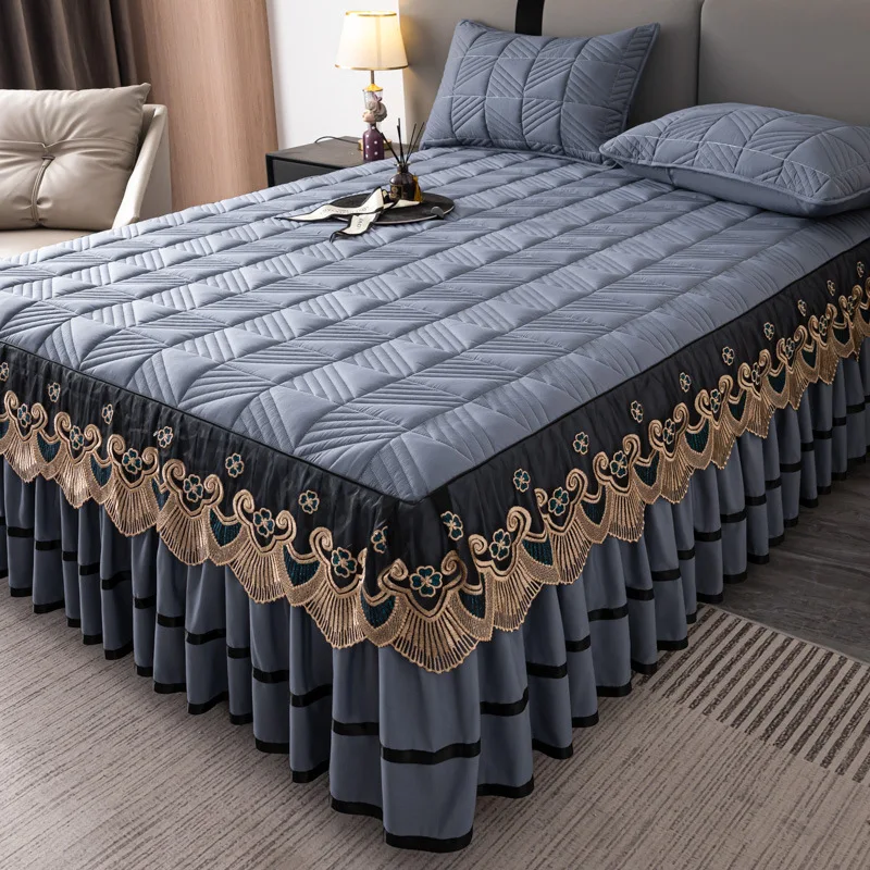 

Quilted Bedspread with Pillowcases, Anti-skid Bed Cover, Quilted, Thickened Bed Skirt, Elegant, King, Queen Size, Lace Bedspread