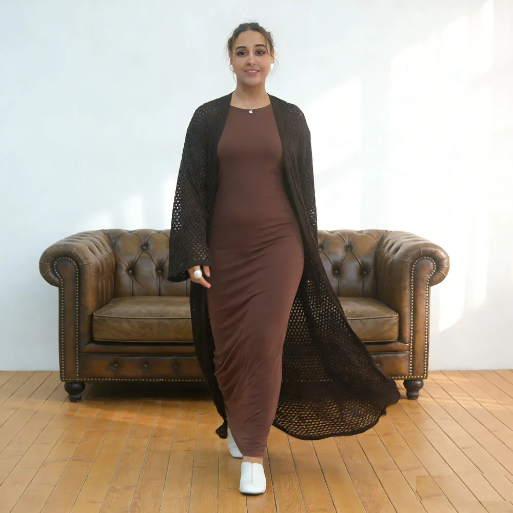 

Dubai Turkey Muslim Dress Women Knitted Hollow Out Abaya Kimono Kaftan Cardigan Modest Islamic Clothing Maxi Robe Middle East