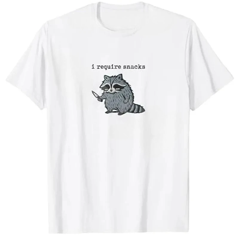 Women Tshirt I Require Snacks Raccoon T-Shirt Humor Funny Cute Animal Print Y2k Design Tees Graphic Outfit Short Sleeve Blouses