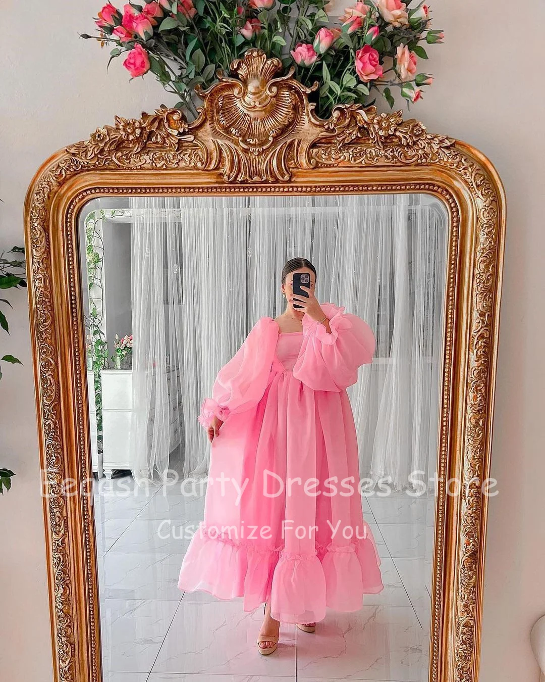 Pink Organza Midi Women Prom Dresses Long Sleeves Ankle Length Homcoming Party Dress Formal Evening Gowns Fashion Club Outfits