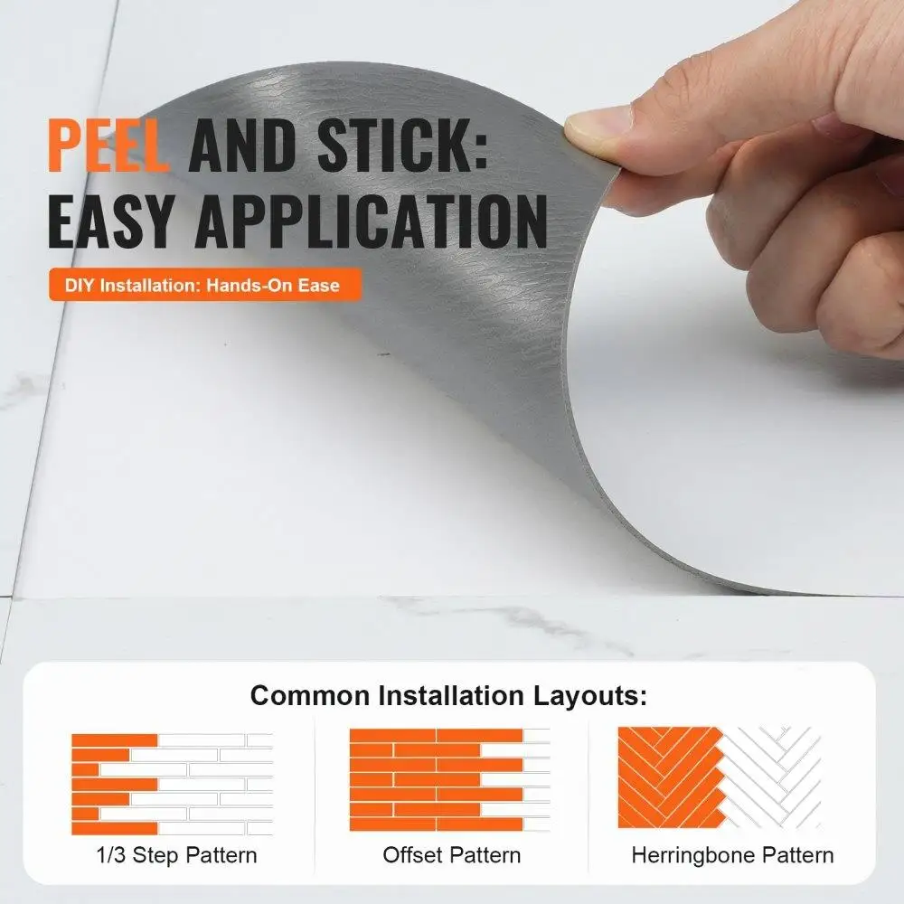 자가 접착 비닐 바닥 타일 12x12인치 50개 타일 1.5mm 두께 흰색 대리석 질감 붙였다 떼었다 할 수 있는 DIY 바닥재 주방에 이상적