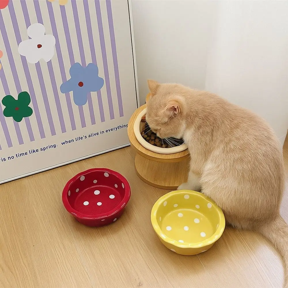 

Wooden Stand Cat Ceramic Bowl Non-Slip Ergonomic Anti Vomiting Bowl Flower Shaped Neck Protection Cat Water Bowl Pet Supplies