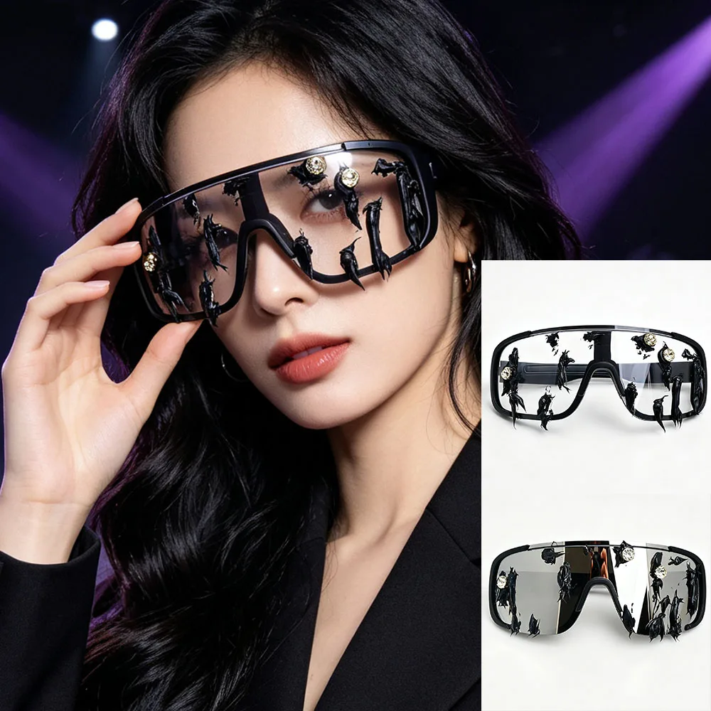 Trendy Dark Cyberpunk One‑Piece Oversized Irregular Rhinestone Glasses Stage Performance Club Disco Fashion Eyewear Accessory