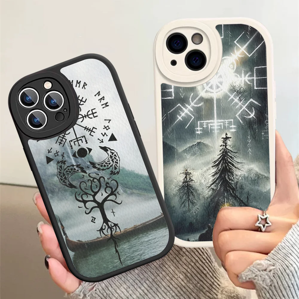 V-Viking Vegvisir Logo Phone Case Hard Leather For iPhone 14 13 12 Mini 11 14 Pro Max Xs X Xr 7 8 Plus Fundas