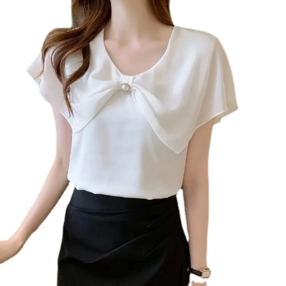 Fashionable and stylish short sleeved chiffon shirt for women\'s summer wear in 2024 new design sense bow slimming thin top women