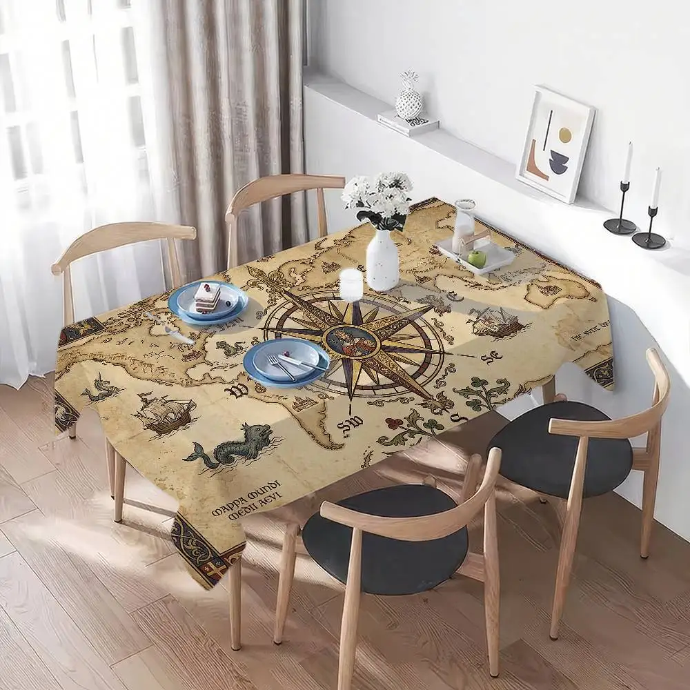 Old World Map Nautical Compass Durable Rectangle Tablecloth - Scratch-Resistant For Restaurants, Cafés & Service