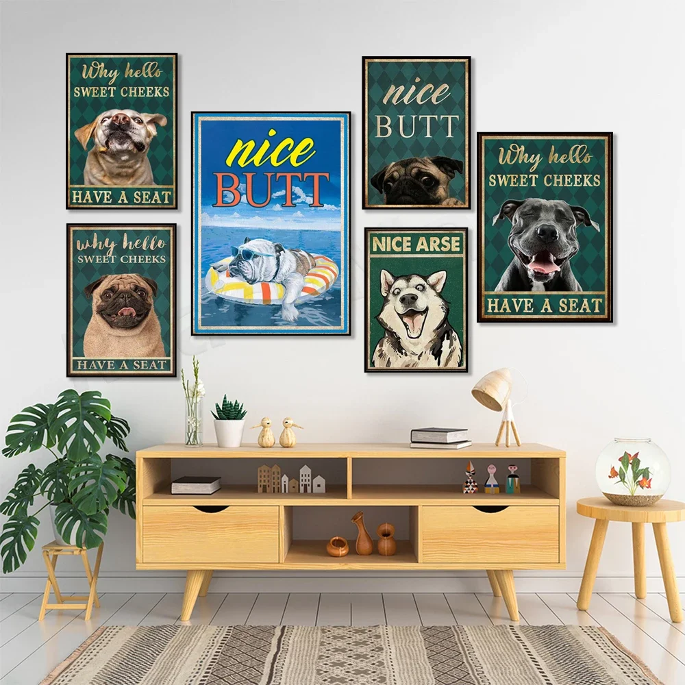 cute dog why hello sweet cheeks has a seat vintage poster, pug, husky dog pet portrait gift, dog lover gift