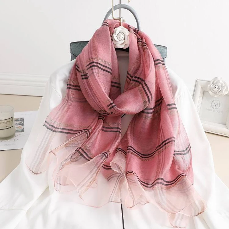 

New Korean Version Ins Style Versatile Gold Silk Plaid Silk Wool Embroidered Scarf Fashion Silk And Wool Blend Silk Scarf