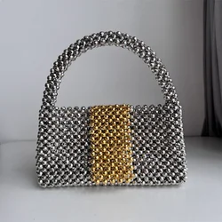 Handmade Beading Bag Ladies Silver Gold Plated Shoulder Handle Portable Handbag Flap Bucket Rocky Girl Y2K Bag Clutches Acrylic