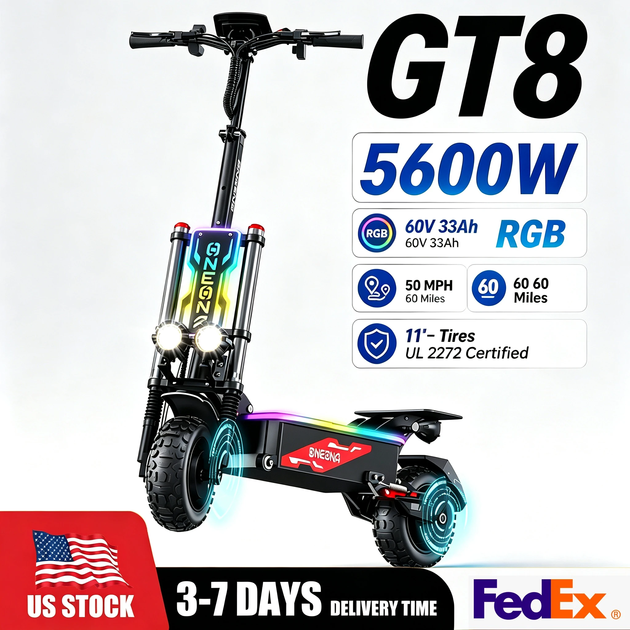 60V 5600W Dual Motor Electric Scooter - ONECNA NEW GT8PRO 大人用電動スクーター、5600Wデュアルドライブモーター、最高速度50MPH、航続距離60マイル、LED RGBライト付き通勤用電動スクーター、インテリジェントLCDディスプレイ、アウトドアアドベンチャー向けヘビーデューティースクーター
