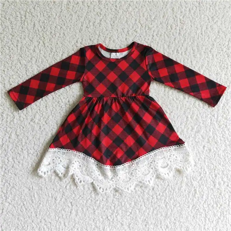 

RTS New Arrivals Wholesale Clothing Kids Short Sleeve Red Black Plaid Lace Dress Baby Kids Print Dress Children Daily Wearing