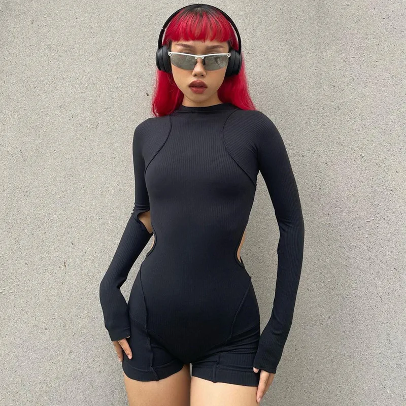 

Solid Black Rompers Womens Jumpsuit High Waist Hollow Out Bodycon Playsuit Long Sleeve Sexy Bodysuit Y2k One Piece Ropa De Mujer