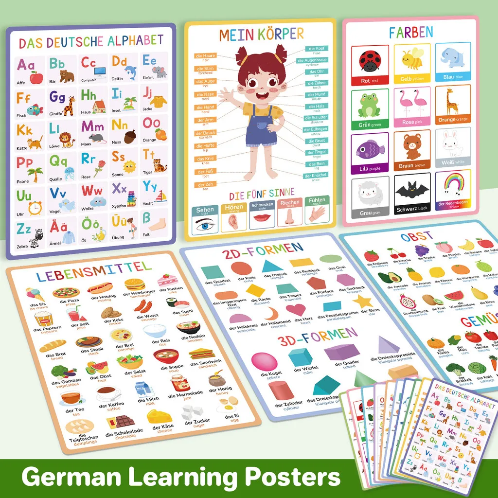 Image of Deutsch-Englische zweisprachige Vokabelplakate, Klassenzimmer-Wanddekoration, frühkindliches Lernen, Alphabet, Tiere, Lebensmittel, deutsches Poster für Kinder