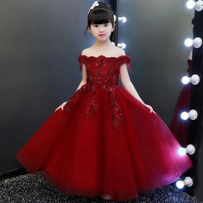 New Girl Wedding Dress Elegant Red Lace Shoulderless First communion Dresses Girl Party Princess Flower Girl Vestidos