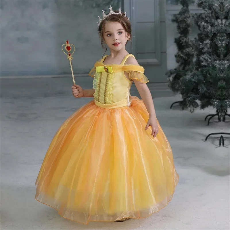 Belle Cosplay Princess Costume for Girl Kids Halloween Birthday Off shoulder Ball Gown Beauty and The Beast Carnival Party Dress