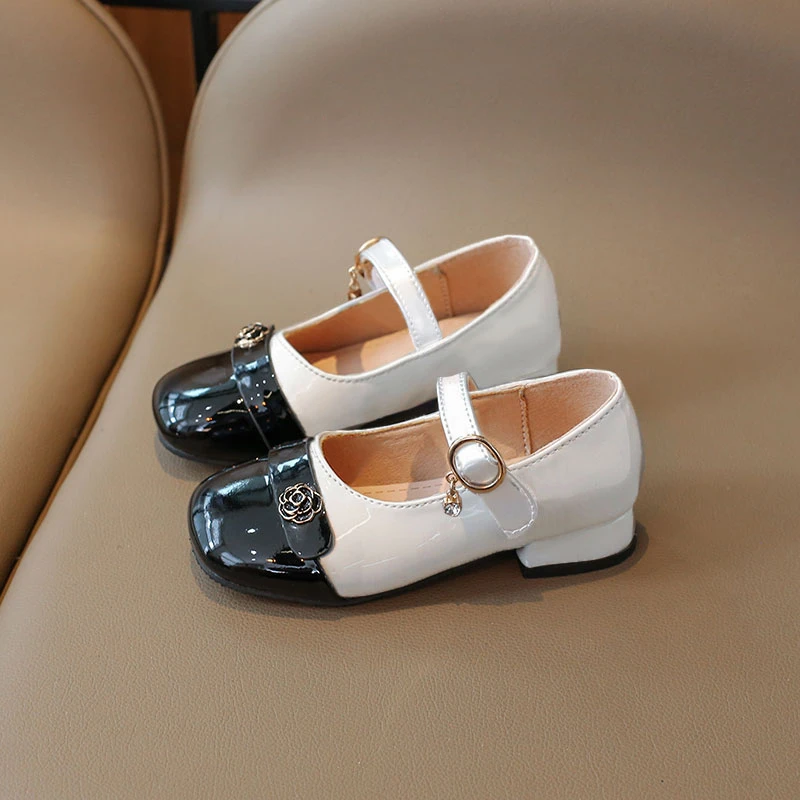 Spring Children's Leather Shoes with Camellia Flower Girl Fashion Low Heels Mary Jane Shoes Causal Patchwork Kids Princess Shoes