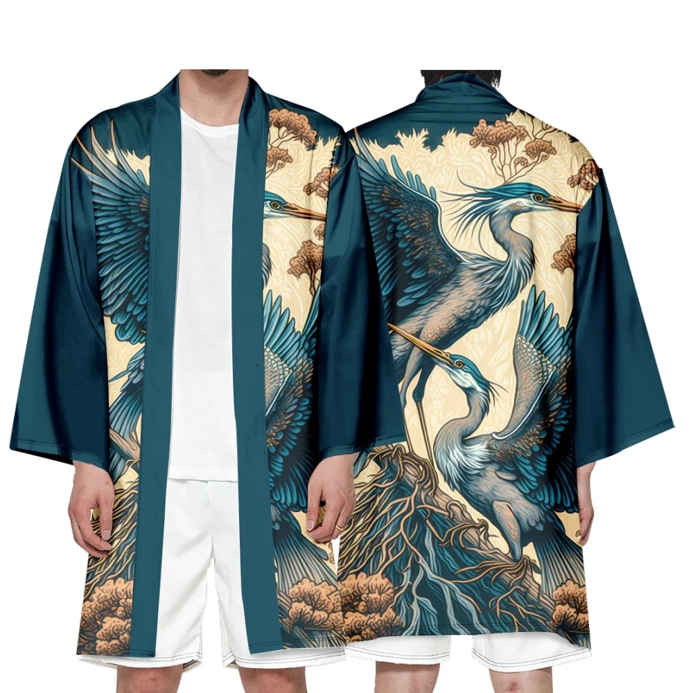 Men's Japanese Long Kimono Cardigan Boys Samurai Costume Kimono Kanagawa Wave Crane Pattern Kimono Shirt Yukata Outer Cover