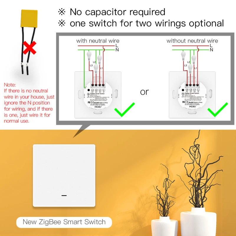 Tuya ZigBee Smart Light Switch No Neutral Wire No Capacitor Needed 1/2/3 Gang Smart Home Work With Alexa Google Home Smart Life