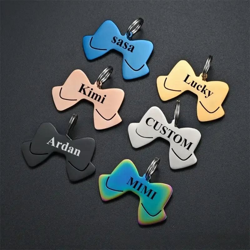 Double Side Personalized Name Bow Dog Pendant Bow Tie Pet Collar Accessories Cat Dog Tag Puppy ID Customized Anti-lost Name Tag