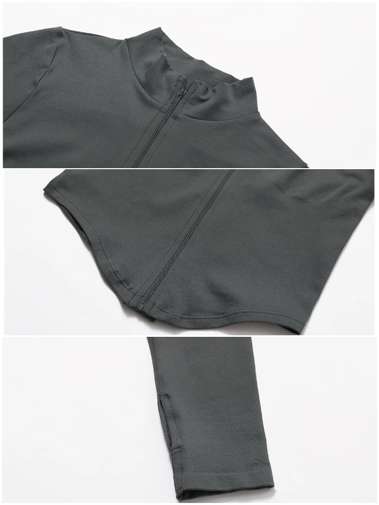VITALINOVO Damen Cropped Running Workout Jacken mit Reißverschluss, schmal geschnittene Sportjacken mit Daumenlöchern, nahtlose, dehnbare Trainingsjacken – Detail 7