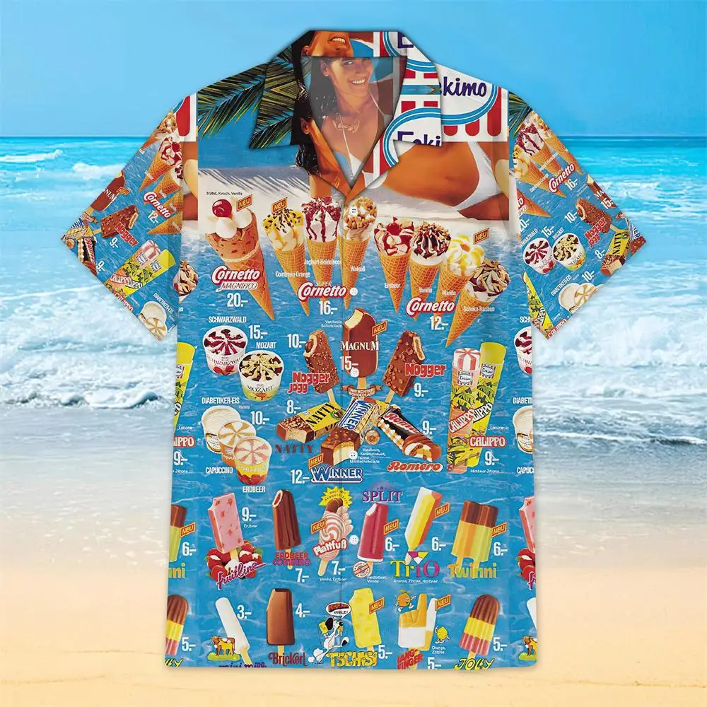 Summer Men\'s Shirt Casual Short Sleeve Ice Cream Pattern Print 3d Hawaii Shirt Male Oversize Clothing Beach Trip Spanish Shirts