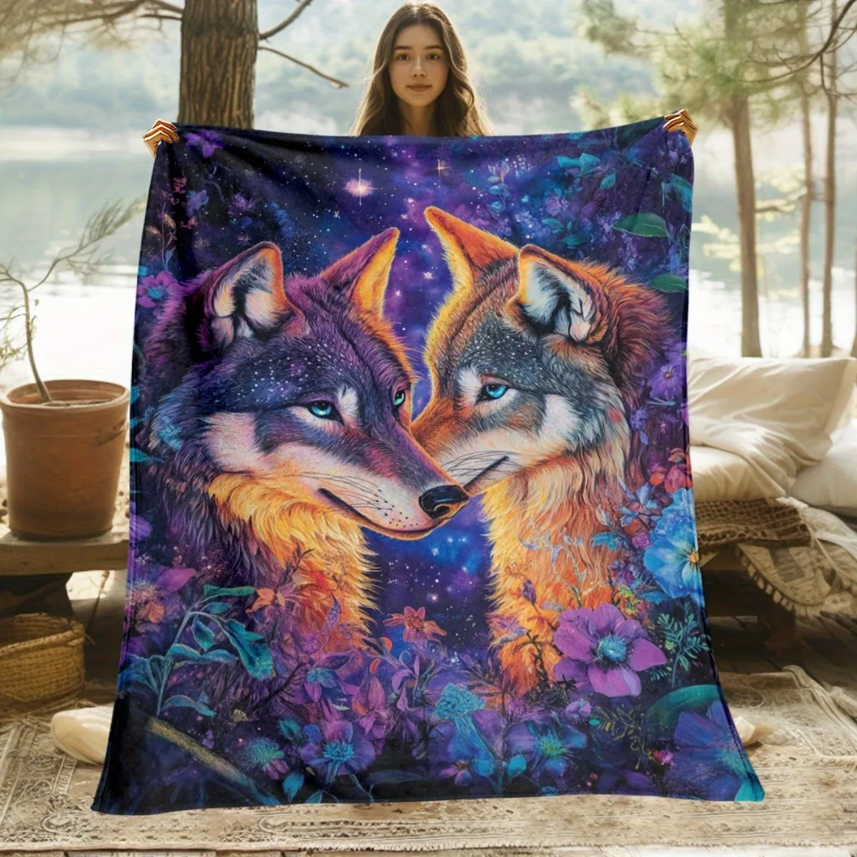 

Пара одеял «Зачарованный звездный волк» — мягкое одеяло с ярким цветочным узором и галактикой для дивана-кровати