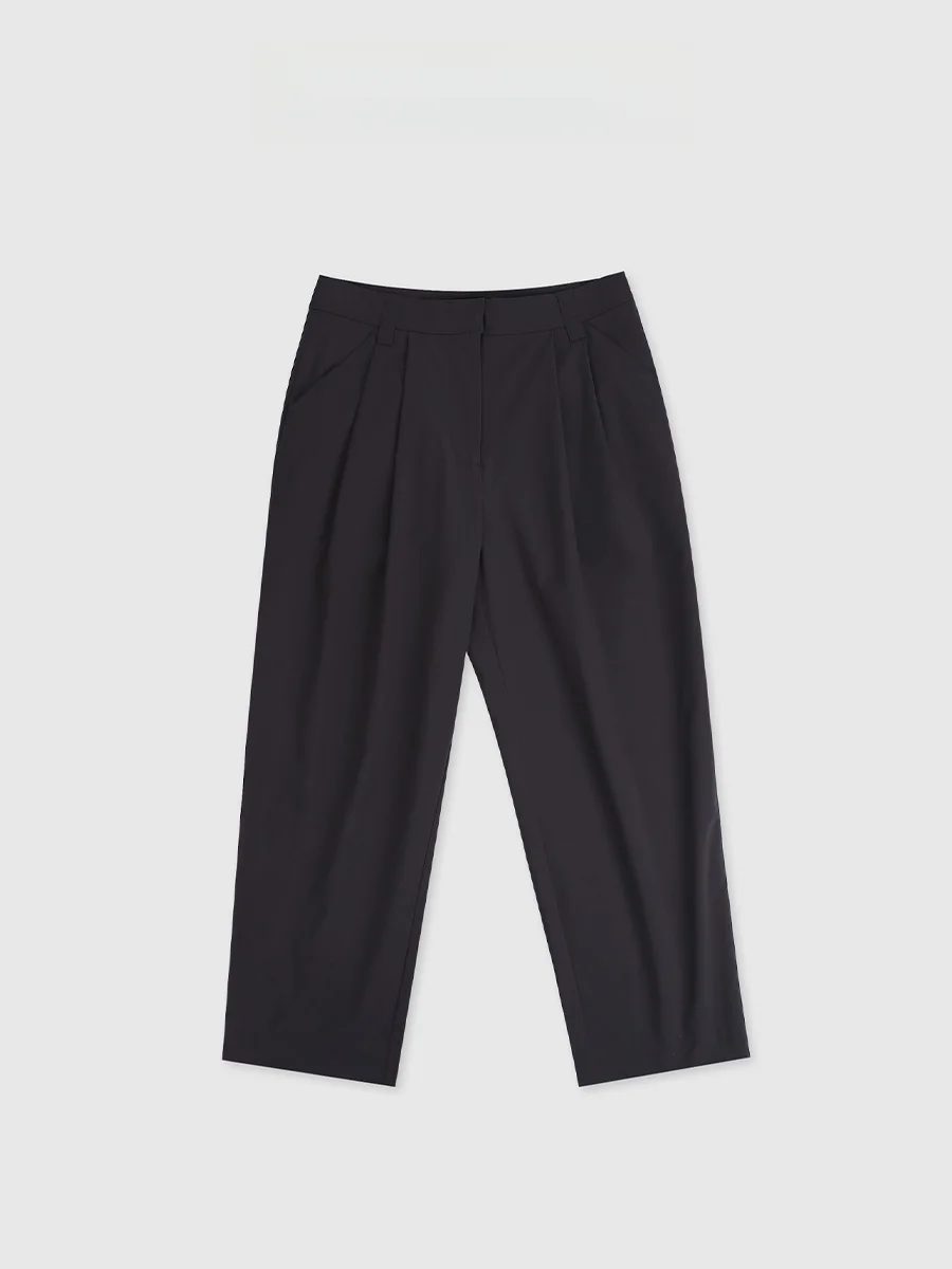 BackAtOne Fashionable Formula Double Pleat Smooth Four Way Stretch Grey Straight Leg Pants Minimalist Style Casual Trousers