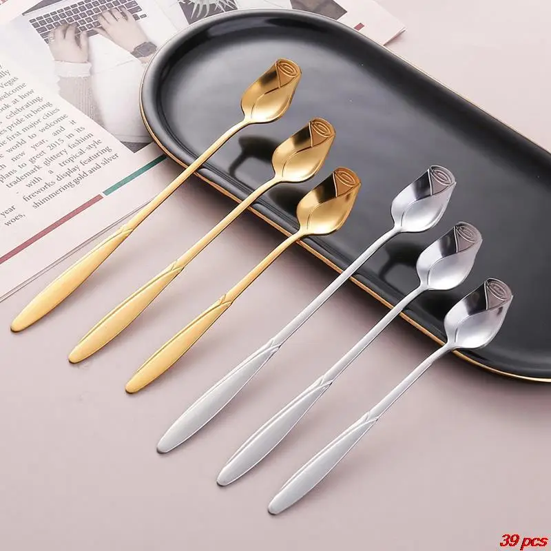 

Long Handle Rose Embossing Coffee Stirring Spoon Stainless Steel Honey Mixing Teaspoon Ice Cream Dessert Scoop Decor for Kitchen