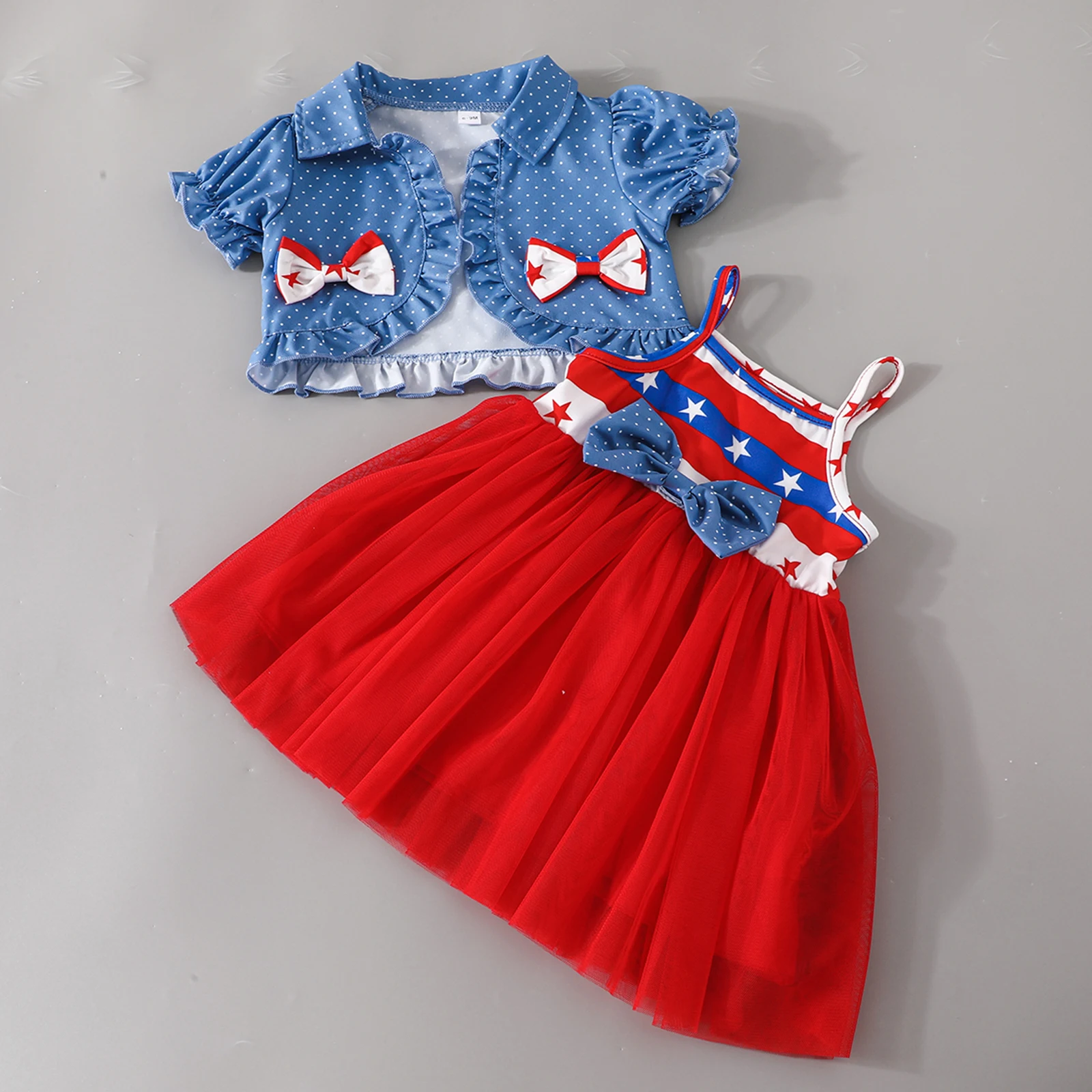 Fashion Girls 2 piece Independence Day Outfit Tulle Patchwork Slip Dress with Dots Jacket 4th of July Clothing Set